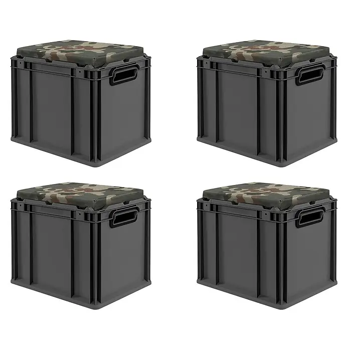 Proregal Euroboxen-Set 4x NextGen Seat Box Camouflage - Kunststoff, Schwarz-Camouflage, 4 Stk. - Vier dunkelgraue Aufbewahrungskisten mit Tarnmusterkissen.