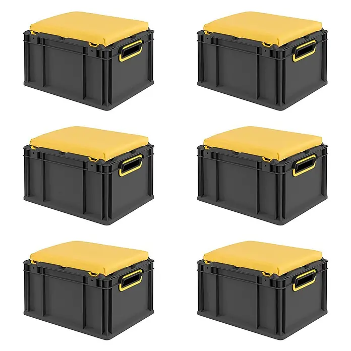 Proregal Euroboxen-Set 6x NextGen Seat Box Gelb - Kunststoff, Schwarz-Gelb, 6 Stk. - Sechs dunkelgraue Lagerboxen mit gelben Polsterauflagen, als Sitzgelegenheit nutzbar.