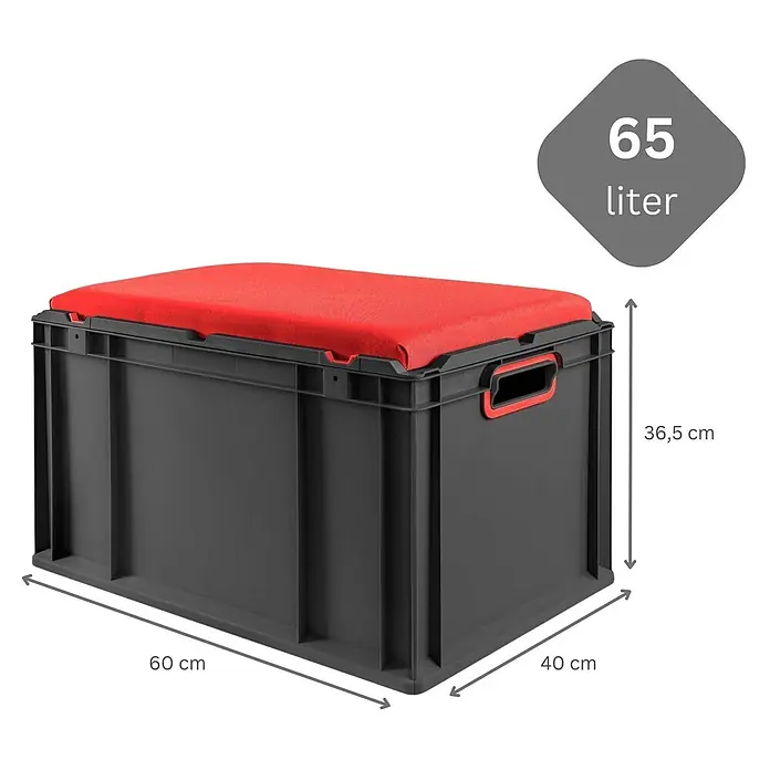 Proregal Euroboxen-Set 2x NextGen Seat Box Rot - L x B x H: 60 x 40 x 36,5 cm, Kunststoff, Schwarz-Rot, 2 Stk. - Dunkelgraue Aufbewahrungsbox mit rotem Kissen und roten Griffakzenten. Maße: 60x40x36,5 cm, 65 Liter Fassungsvermögen.