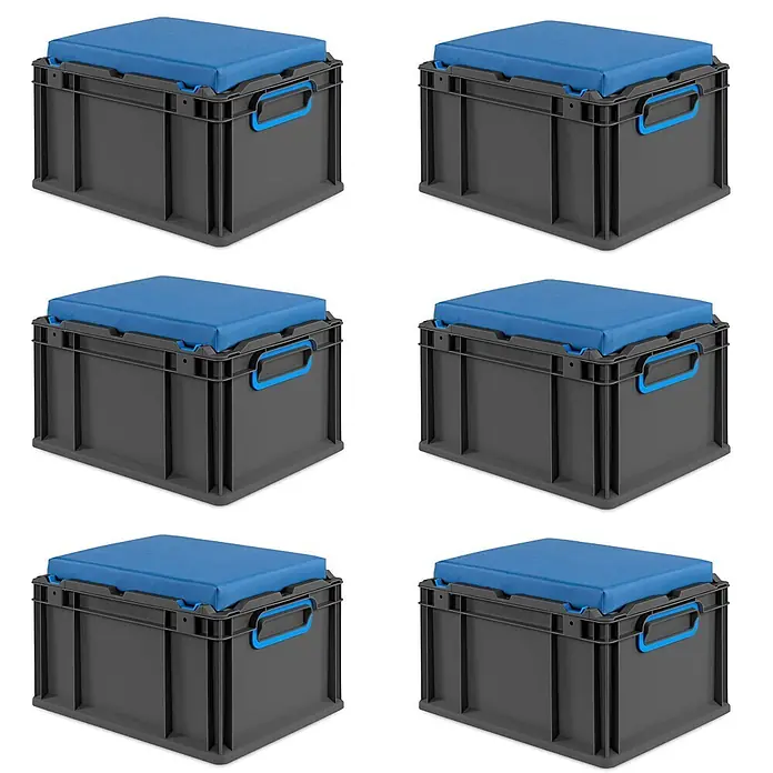 Proregal Euroboxen-Set 6x NextGen Seat Box Blau - Kunststoff, Schwarz-Blau, 6 Stk. - Sechs graue Lagerboxen mit blauen Sitzkissen.