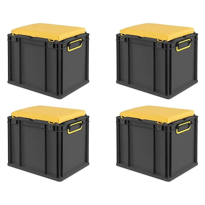 Proregal Euroboxen-Set 4x NextGen Seat Box Gelb - Kunststoff, Schwarz-Gelb, 4 Stk. - Vier dunkelgraue Aufbewahrungsboxen mit gelben Polstern, geeignet zum Sitzen und Organisieren.
