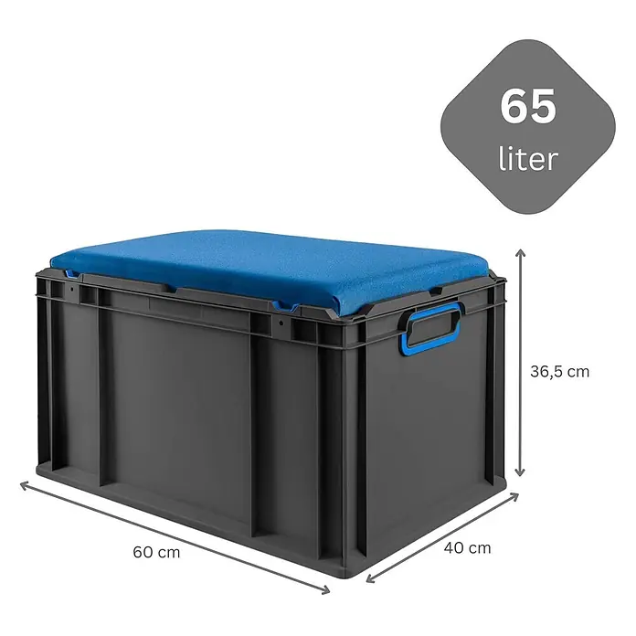 Proregal Euroboxen-Set 2x NextGen Seat Box Blau - Kunststoff, Schwarz-Blau, 2 Stk. - Dunkelgraue Kunststoff-Aufbewahrungsbox mit blauer Polsterauflage und blauen Griffen. Misst 60x40x36,5 cm, 65 Liter Fassungsvermögen.