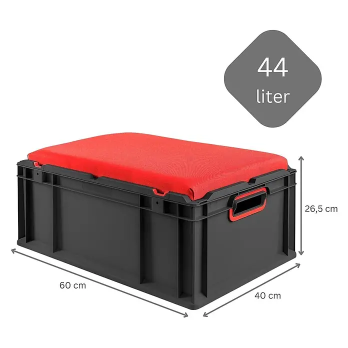 Proregal Euroboxen-Set 3x NextGen Seat Box Rot - L x B x H: 60 x 40 x 26,5 cm, Kunststoff, Schwarz-Rot, 3 Stk. - Dunkelgraue 44L Aufbewahrungsbox mit rotem Kissen und Griffen, 60x40x26,5 cm groß.