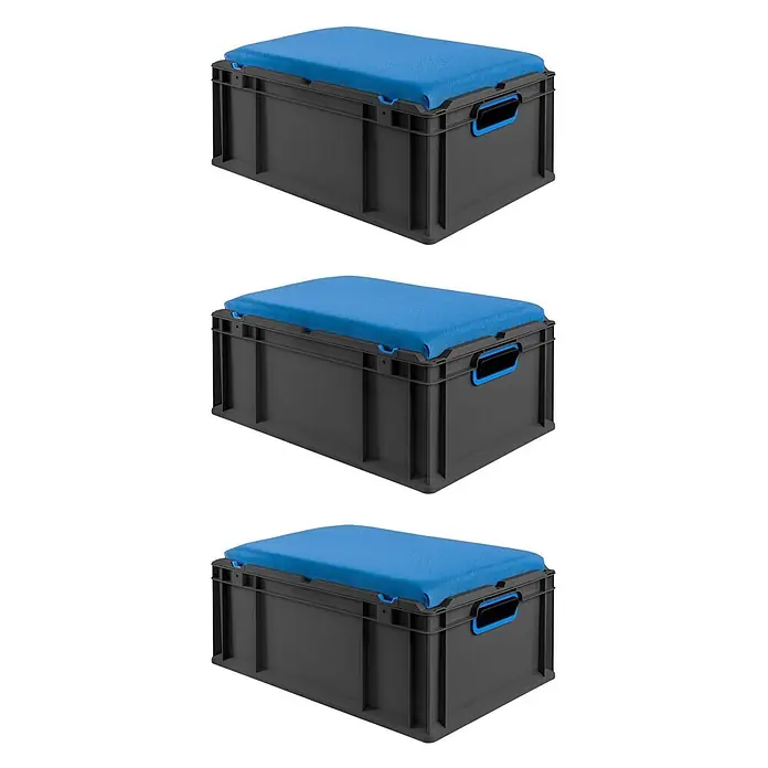 Proregal Euroboxen-Set 3x NextGen Seat Box Blau - Kunststoff, Schwarz-Blau, 3 Stk. - Graue Kunststoff-Stapelbox mit blauem Textil-Sitzkissen.