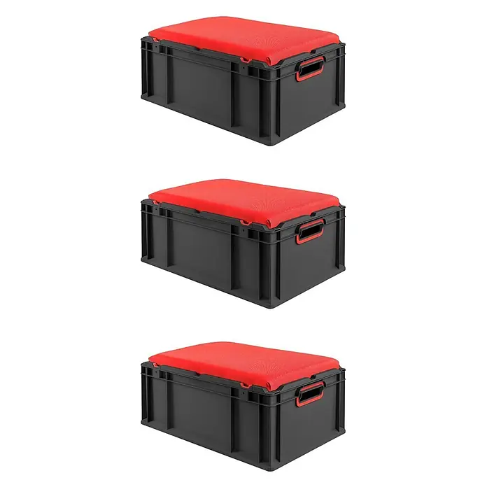 Proregal Euroboxen-Set 3x NextGen Seat Box Rot - L x B x H: 60 x 40 x 26,5 cm, Kunststoff, Schwarz-Rot, 3 Stk. - Dunkelgraue Aufbewahrungsbox mit rotem Sitzkissen, ideal zum Sitzen und Ordnen.