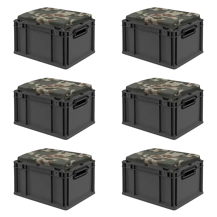 Proregal Euroboxen-Set 6x NextGen Seat Box Camouflage - Kunststoff, Schwarz-Camouflage, 6 Stk. - Graue Stapelboxen mit Camouflage-Sitzauflagen.
