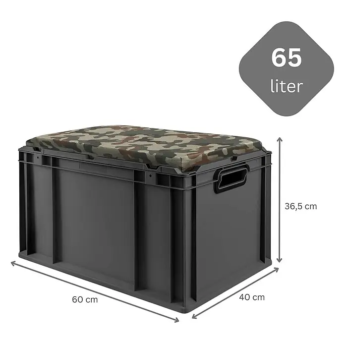 Proregal Euroboxen-Set 2x NextGen Seat Box Camouflage - Kunststoff, Schwarz-Camouflage, 2 Stk. - Dunkelgraue 65L Aufbewahrungsbox (60x40x36,5 cm) mit Tarnkissen als Deckel, bietet Stauraum und Sitzgelegenheit.
