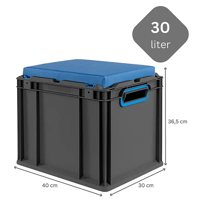 Proregal Euroboxen-Set 4x NextGen Seat Box Blau - Kunststoff, Schwarz-Blau, 4 Stk. - Dunkelgraue Aufbewahrungsbox mit blauem Sitzkissen, 30 Liter Volumen, 40x30x36,5 cm.