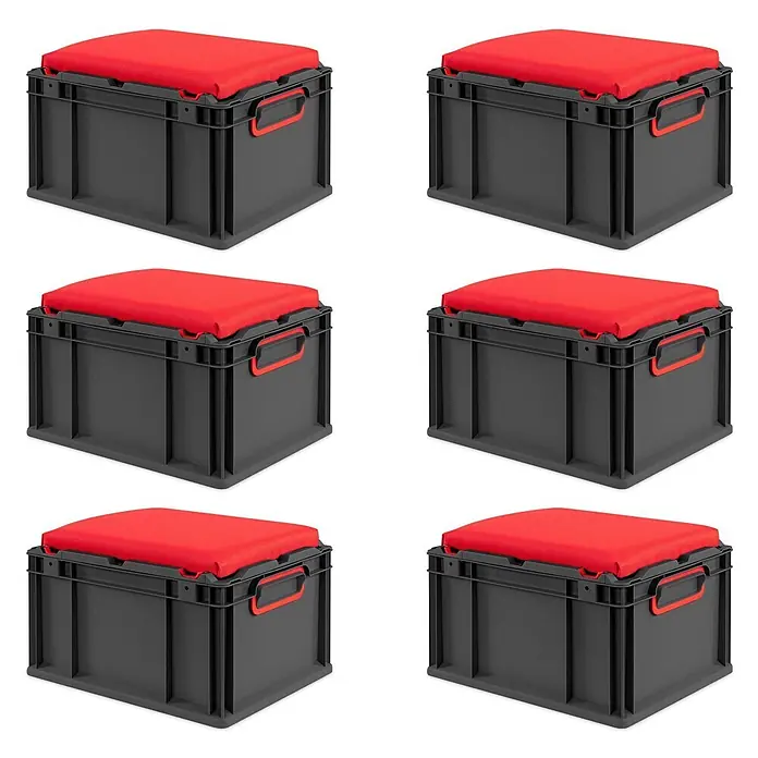 Proregal Euroboxen-Set 6x NextGen Seat Box Rot - Kunststoff, Schwarz-Rot, 6 Stk. - Sechs graue Kunststoff-Lagerboxen mit roten Stoffkissen, nutzbar als Stauraum und Sitzgelegenheit.