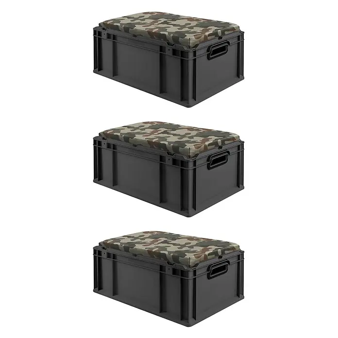 Proregal Euroboxen-Set 3x NextGen Seat Box Camouflage - Kunststoff, Schwarz-Camouflage, 3 Stk. - Dunkelgraue Kunststoff-Lagerbox mit Tarnmuster-Sitzkissen, geeignet zum Sitzen und Verstauen.