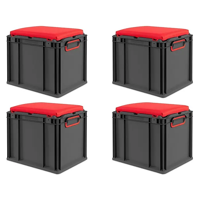 Proregal Euroboxen-Set 4x NextGen Seat Box Rot - Kunststoff, Schwarz-Rot, 4 Stk. - Vier dunkelgraue Kunststoff-Lagerboxen mit roten Sitzkissen, auch als Hocker nutzbar.
