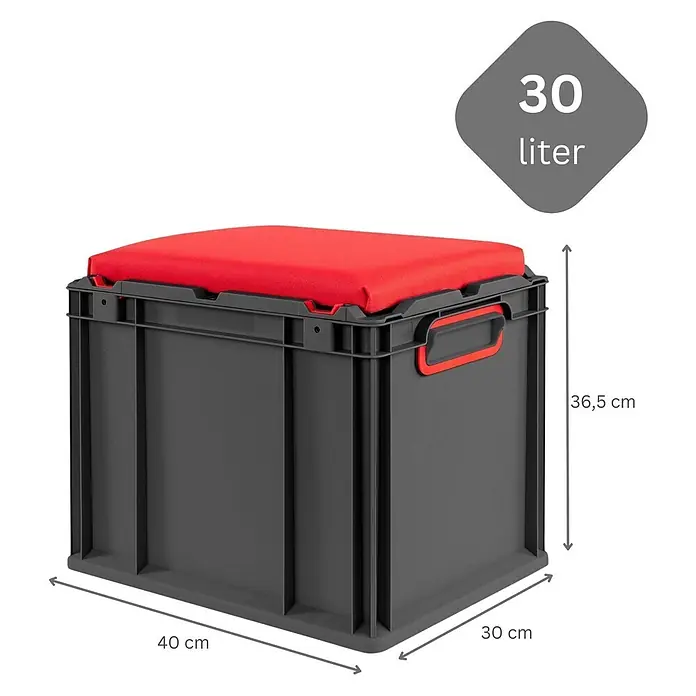 Proregal Euroboxen-Set 4x NextGen Seat Box Rot - Kunststoff, Schwarz-Rot, 4 Stk. - Dunkelgraue 30-Liter-Kunststoff-Aufbewahrungsbox mit rotem Stoffkissen, als Stauraum und Sitzgelegenheit nutzbar.