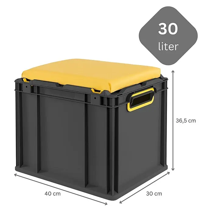 Proregal Euroboxen-Set 4x NextGen Seat Box Gelb - Kunststoff, Schwarz-Gelb, 4 Stk. - Dunkelgraue 30L Aufbewahrungsbox mit gelbem Polsterdeckel, als Sitz nutzbar. Maße: 40x30x36,5 cm.