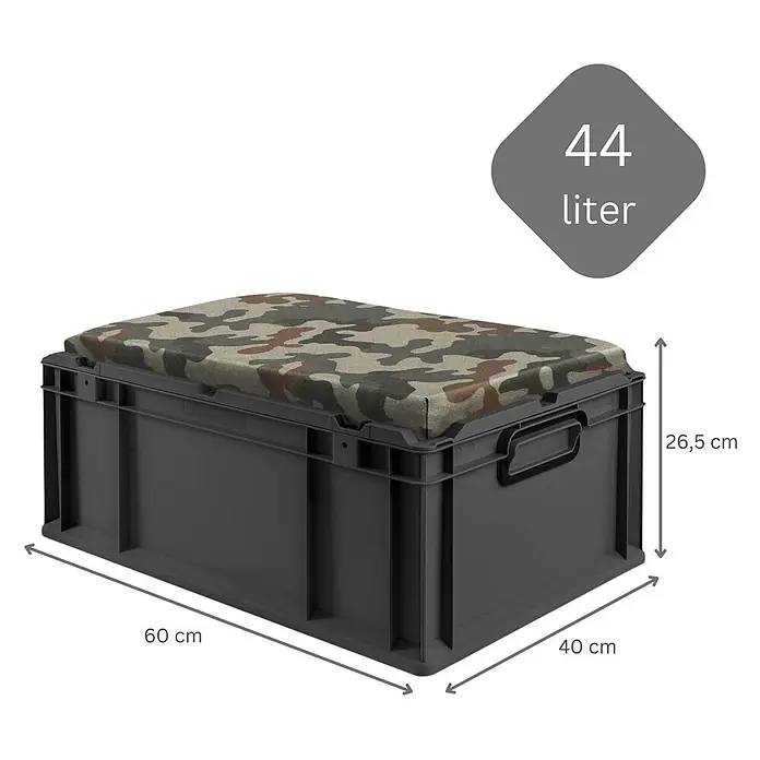 Proregal Euroboxen-Set 3x NextGen Seat Box Camouflage - Kunststoff, Schwarz-Camouflage, 3 Stk. - Dunkelgraue Aufbewahrungsbox mit Camouflage-Kissen. Maße: 60x40x26,5 cm, 44 Liter.
