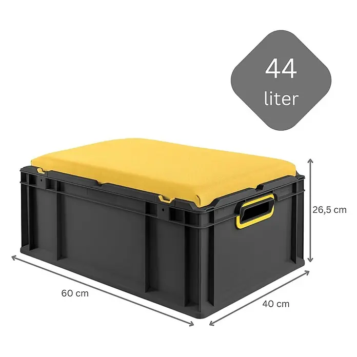 Proregal Euroboxen-Set 3x NextGen Seat Box Gelb - Kunststoff, Schwarz-Gelb, 3 Stk. - Dunkelgraue Aufbewahrungsbox mit gelbem Polsterdeckel, 60x40x26,5 cm, 44 Liter Volumen.