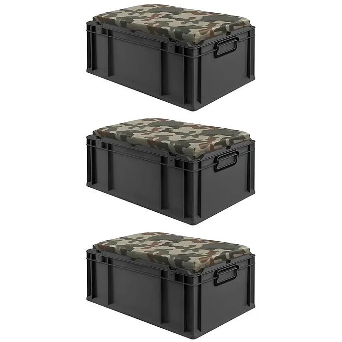 Proregal Euroboxen-Set 3x NextGen Seat Box Camouflage - Kunststoff, Schwarz-Camouflage, 3 Stk. - Drei stapelbare dunkelgraue Aufbewahrungsboxen mit Tarnmuster-Sitzkissen.
