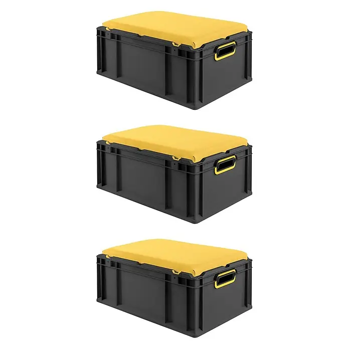 Proregal Euroboxen-Set 3x NextGen Seat Box Gelb - Kunststoff, Schwarz-Gelb, 3 Stk. - Schwarze Kunststoff-Aufbewahrungsbox mit gelbem Polsterdeckel. Bietet Stauraum und Sitzgelegenheit.