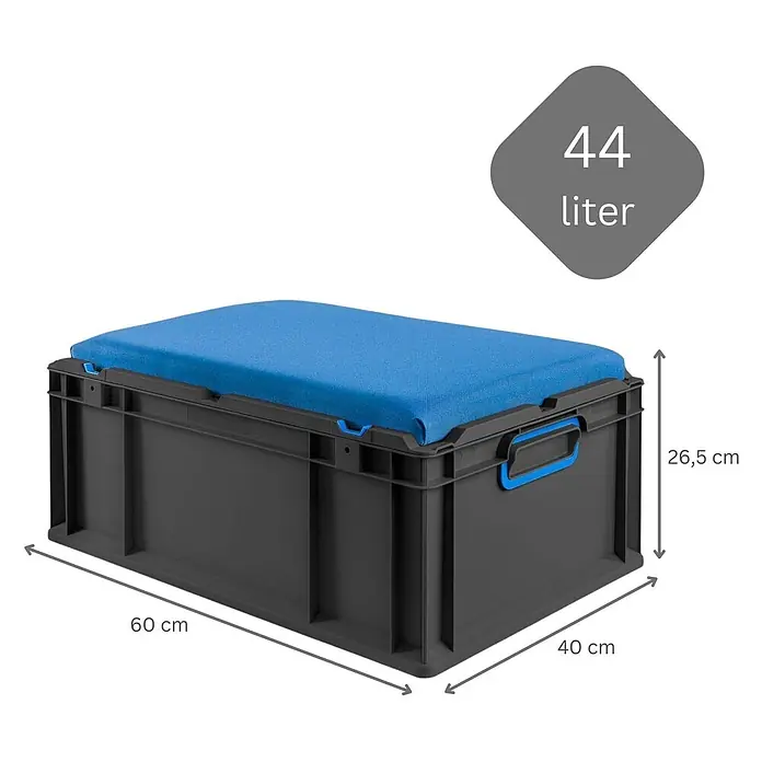 Proregal Euroboxen-Set 3x NextGen Seat Box Blau - Kunststoff, Schwarz-Blau, 3 Stk. - Dunkelgraue Kunststoff-Stapelbox mit blauem Polsterdeckel. 60x40x26,5 cm, 44 Liter Volumen.