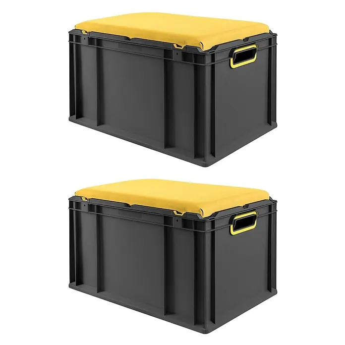 Proregal Euroboxen-Set 2x NextGen Seat Box Gelb - Kunststoff, Schwarz-Gelb, 2 Stk. - Zwei dunkelgraue Kunststoff-Aufbewahrungsboxen mit leuchtend gelben Stoffkissen zum Sitzen und gelben Griffakzenten.