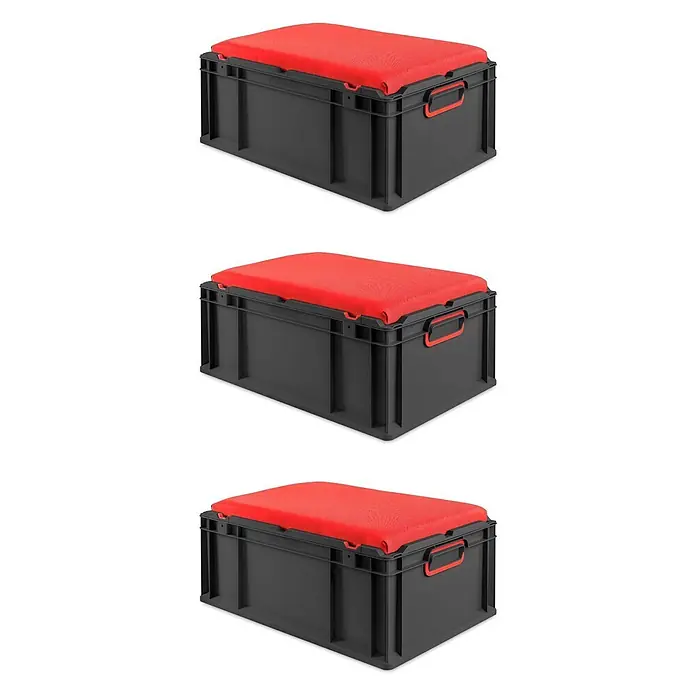 Proregal Euroboxen-Set 3x NextGen Seat Box Rot - Kunststoff, Schwarz-Rot, 3 Stk. - Dunkelgraue Kunststoff-Lagerbox mit rotem Kissen als Deckel, auch als tragbarer Sitz nutzbar.