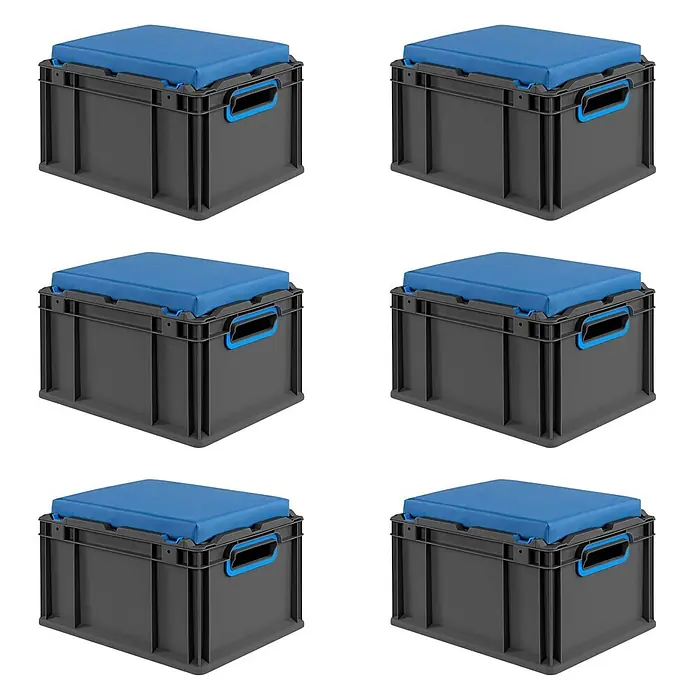 Proregal Euroboxen-Set 6x NextGen Seat Box Blau - Kunststoff, Schwarz-Blau, 6 Stk. - Sechs graue Lagerboxen mit blauen Sitzkissen und blauen Griffakzenten.
