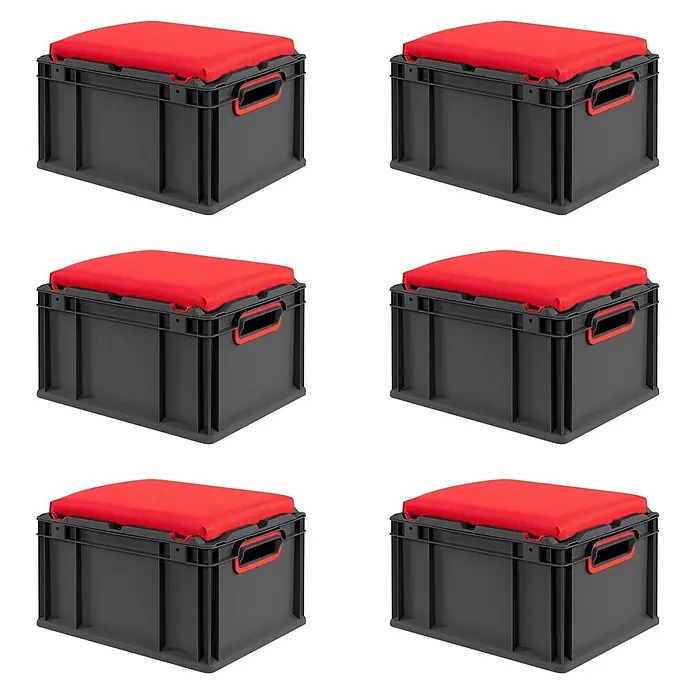 Proregal Euroboxen-Set 6x NextGen Seat Box Rot - Kunststoff, Schwarz-Rot, 6 Stk. - Dunkelgraue Kunststoff-Aufbewahrungsbox mit rotem Stoffkissen, als Hocker nutzbar.