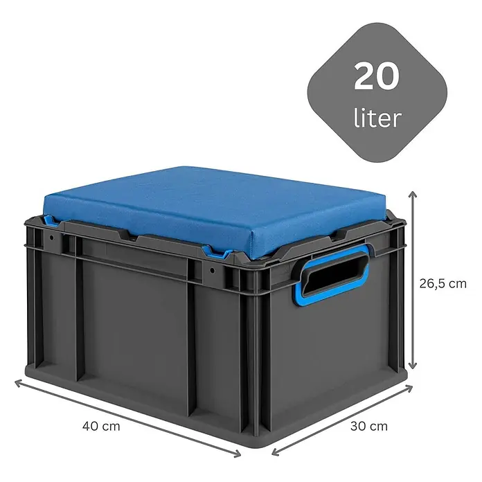 Proregal Euroboxen-Set 6x NextGen Seat Box Blau - Kunststoff, Schwarz-Blau, 6 Stk. - Dunkelgraue 20-Liter-Aufbewahrungsbox mit blauem Sitzkissen, Maße 40x30x26,5 cm. Integrierte Griffe.
