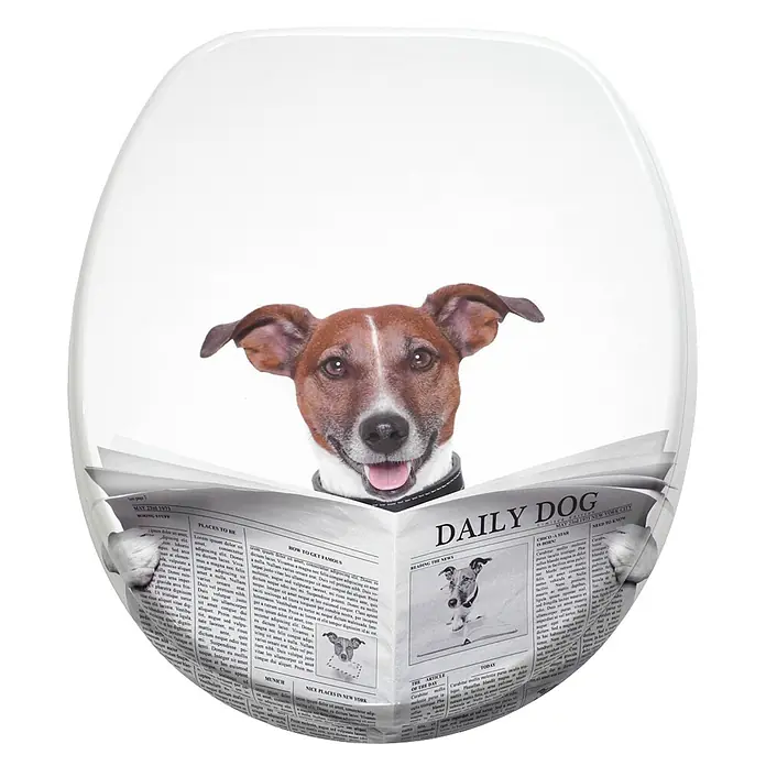SANILO WC-Sitz Newspaper - MDF, Braun, Ohne Absenkautomatik - Weißer Toilettensitz mit Aufdruck eines Jack Russell Terriers, der fröhlich die 'Daily Dog' Zeitung liest.