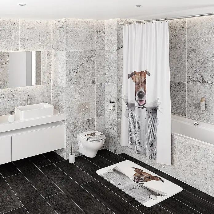 SANILO WC-Sitz Newspaper mit Schnellverschluss - MDF, Braun, Mit Absenkautomatik - Weißer Duschvorhang, Toilettensitzbezug und Badematte mit einem Jack Russell Terrier, der aus einer Zeitung schaut.