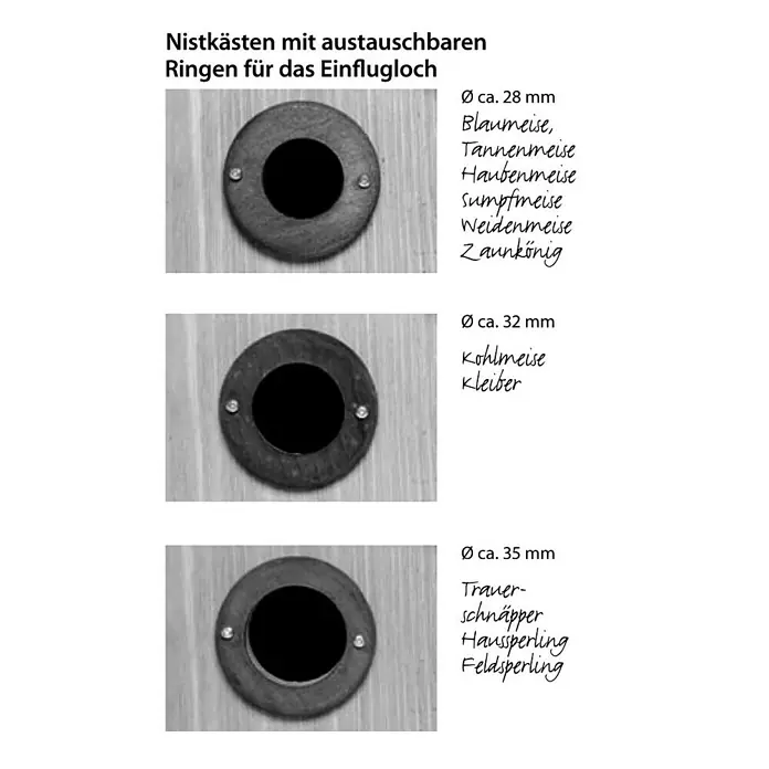 Dobar Nistkasten Räuberschutz - 25,5 x 29 x 25,5 cm, Natur/Grün, Holz - Nistkästen mit austauschbaren Ringen für verschiedene Vogelarten, Durchmesser 28mm, 32mm und 35mm.