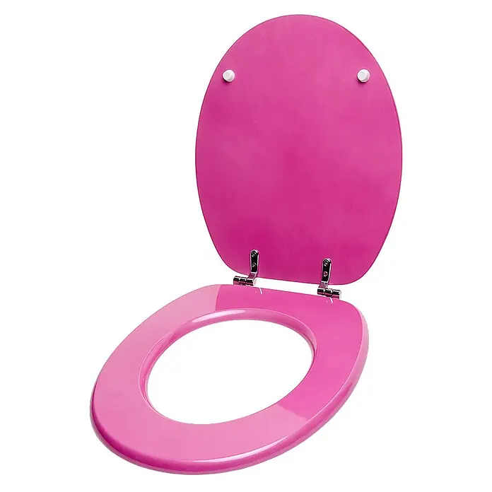 SANILO WC-Sitz Glitzer Pink - MDF, Pink, Ohne Absenkautomatik - Glänzender, offener Toilettensitz und -deckel in leuchtendem Pink mit Metallscharnieren.