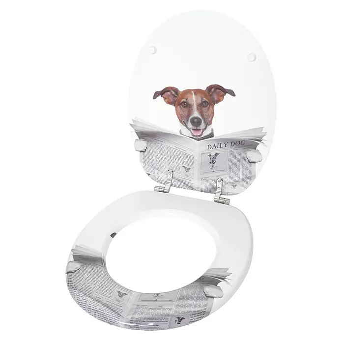 SANILO WC-Sitz Newspaper - MDF, Braun, Ohne Absenkautomatik - Weißer Toilettensitz mit lustigem Hund-liest-Zeitung-Aufdruck, der Deckel und Sitz bedeckt.