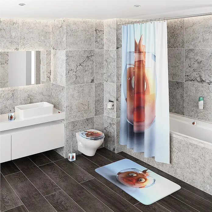 SANILO WC-Sitz Goldfisch - MDF, Orange, Ohne Absenkautomatik - Badezimmer-Set mit einem Cartoon-Fisch im Glas-Design auf Duschvorhang, Toilettensitz, Badematte, Seifenspender und Toilettenbürste.