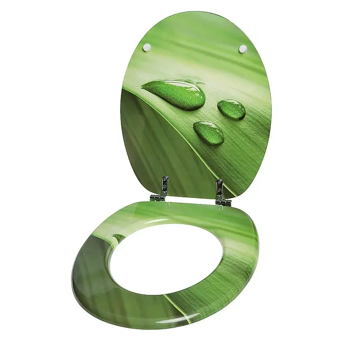 SANILO WC-Sitz Green Leaf - MDF, Grün, Ohne Absenkautomatik - Grüner Toilettensitz mit Blättern und Wassertropfen-Design.