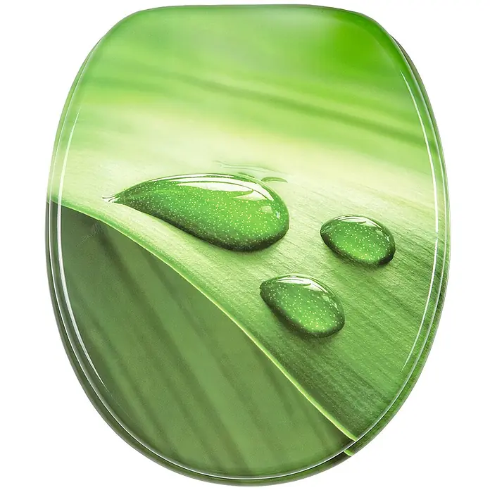 SANILO WC-Sitz Green Leaf - MDF, Grün, Ohne Absenkautomatik - Glänzender grüner Toilettensitz mit natürlichem Blattdesign und realistischen Wassertropfen.