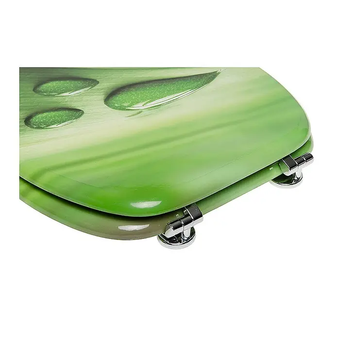 SANILO WC-Sitz Green Leaf - MDF, Grün, Ohne Absenkautomatik - Glänzender grüner Toilettensitz mit Wassertropfen- und Blattmuster, ausgestattet mit Chromscharnieren.