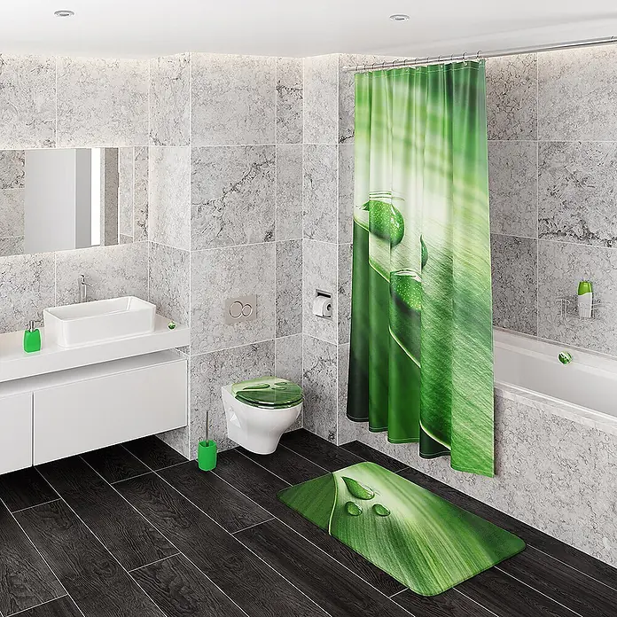 SANILO WC-Sitz Green Leaf - MDF, Grün, Ohne Absenkautomatik - Grünes Badset mit Blatt- und Wassertropfenmuster, bestehend aus Duschvorhang, Toilettensitzbezug und Badematte.
