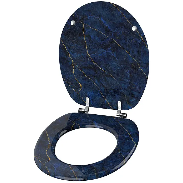 SANILO WC-Sitz Marmor Darkblue - MDF, Blau, Ohne Absenkautomatik - Dunkelblauer Toilettensitz und -deckel mit goldener Marmorierung, geöffnet.