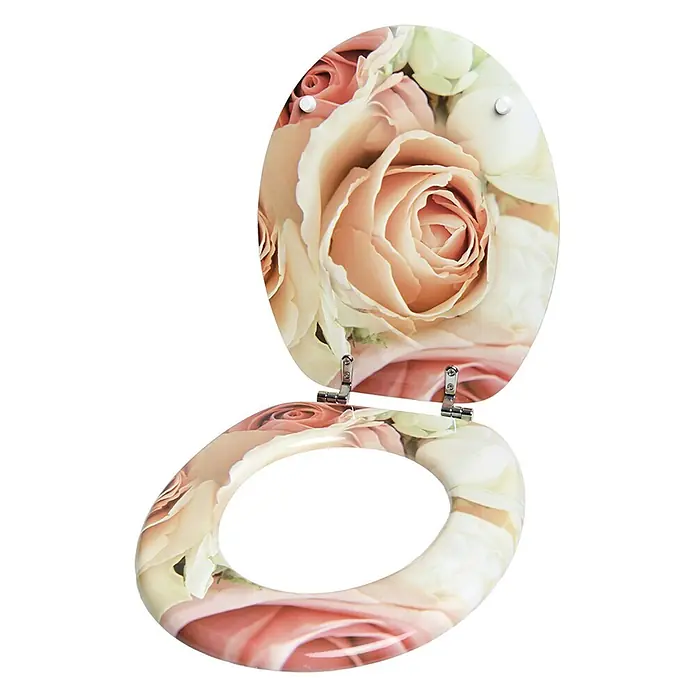 SANILO WC-Sitz Rosa Rose - MDF, Pink, Ohne Absenkautomatik - Ovaler Toilettensitz mit Deckel, detailreiches rosa-pfirsichfarbenes Rosenmuster, silberne Scharniere.