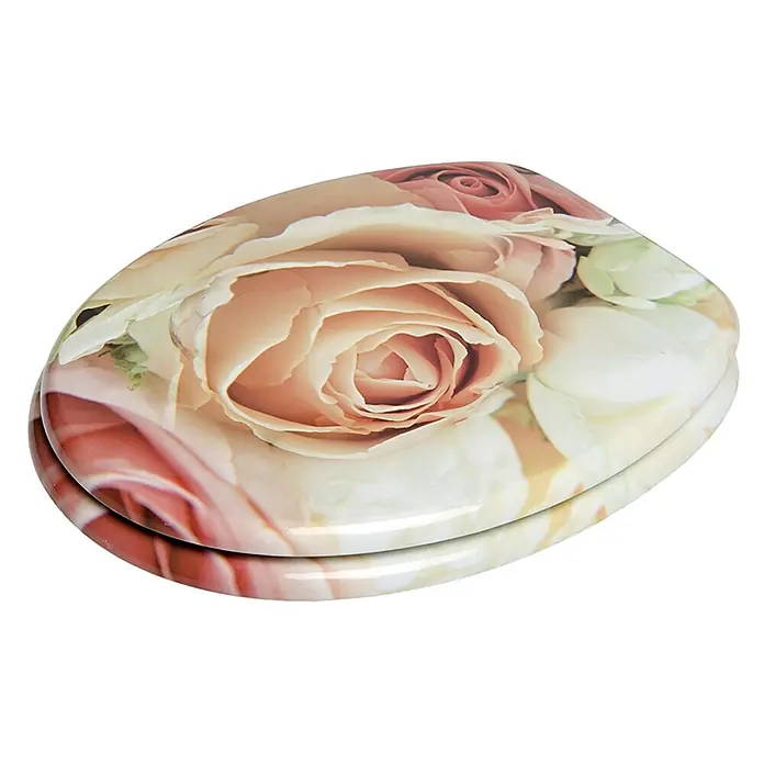 SANILO WC-Sitz Rosa Rose - MDF, Pink, Ohne Absenkautomatik - Toilettensitz mit rosafarbenem Blumenmuster. Glänzende Oberfläche, rosafarbene und cremefarbene Blüten.