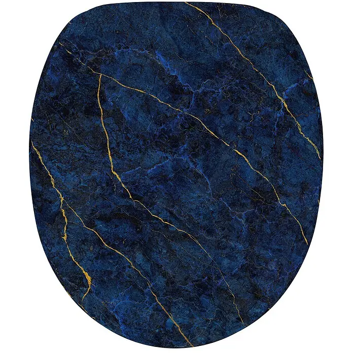SANILO WC-Sitz Marmor Darkblue - MDF, Blau, Ohne Absenkautomatik - Dunkelblauer WC-Sitz in Marmoroptik mit goldener Äderung.
