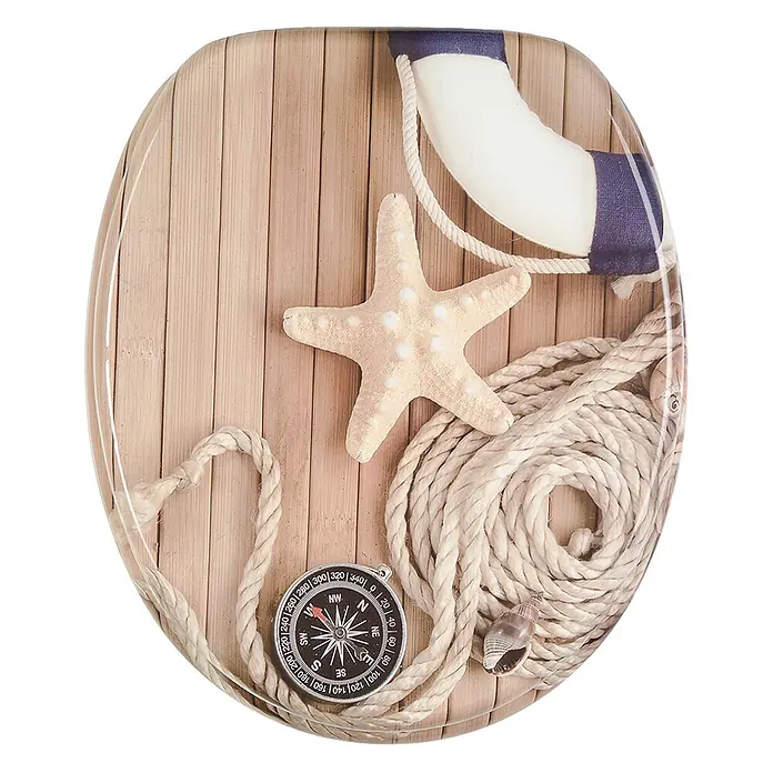 SANILO WC-Sitz Maritime - MDF, Braun, Ohne Absenkautomatik - Durchsichtiger Toilettensitz im nautischen Design mit Seestern, Rettungsring, Seil und Kompass auf Holzbrett.