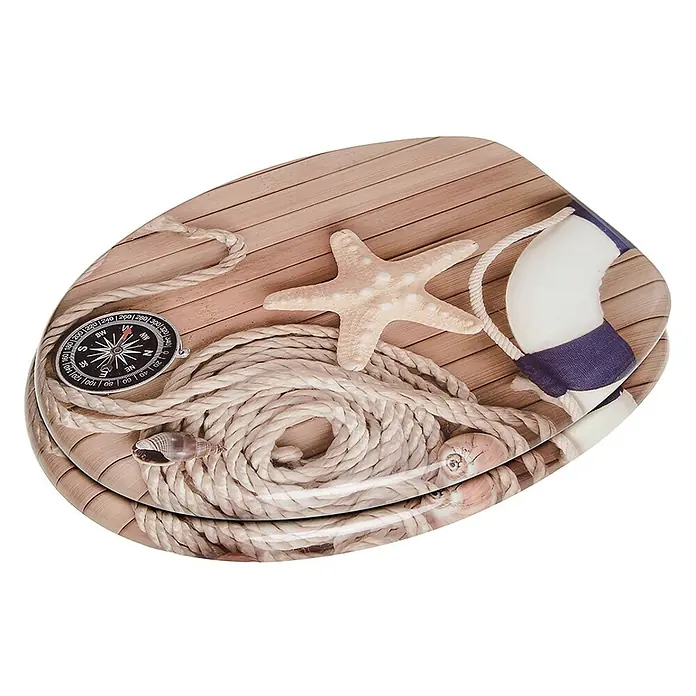 SANILO WC-Sitz Maritime - MDF, Braun, Ohne Absenkautomatik - Toilettensitz mit maritimem Design, Holzplanken, Tau, Kompass, Seestern, Muscheln und Rettungsring.