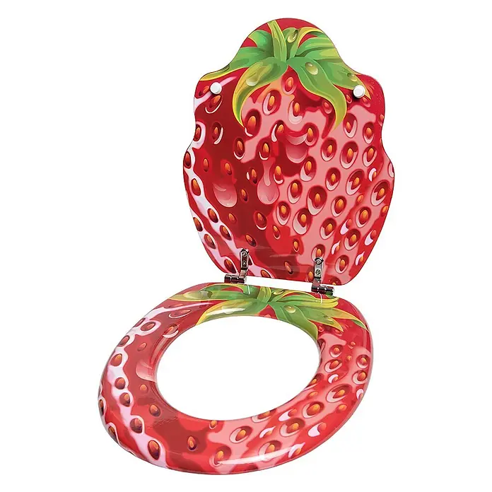 SANILO WC-Sitz Strawberry - MDF, Rot, Ohne Absenkautomatik - Toilettensitz und -deckel mit leuchtendem Erdbeerdesign in Rot und Grün.