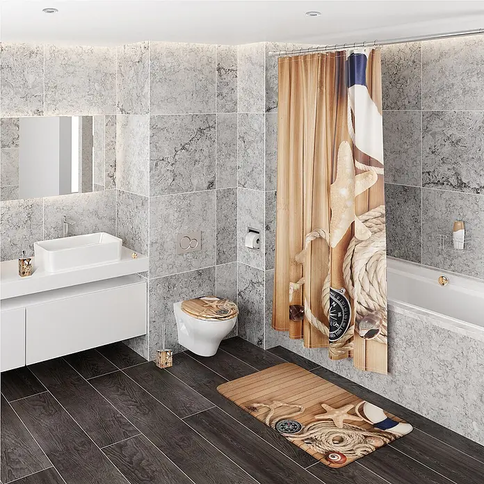 SANILO Kosmetikeimer Maritime - 3 l, Metall, Beige|Dunkelblau|Weiß|Braun - Maritimes Badset mit Duschvorhang, Badematte, Toilettensitzbezug, Seifenspender & Bürstenhalter, mit Holz-, Seil-, Seestern- & Kompassmotiven.