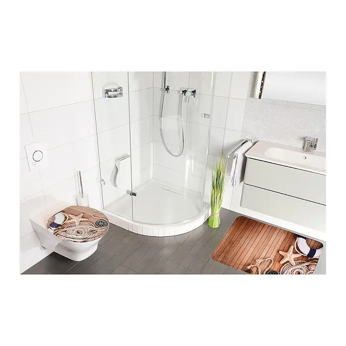 SANILO WC-Sitz Maritime - MDF, Braun, Ohne Absenkautomatik - Maritimer Toilettensitz und passende Badematte in modernem Bad. Mit Holzmaserung, Seestern, Tau und Rettungsring.