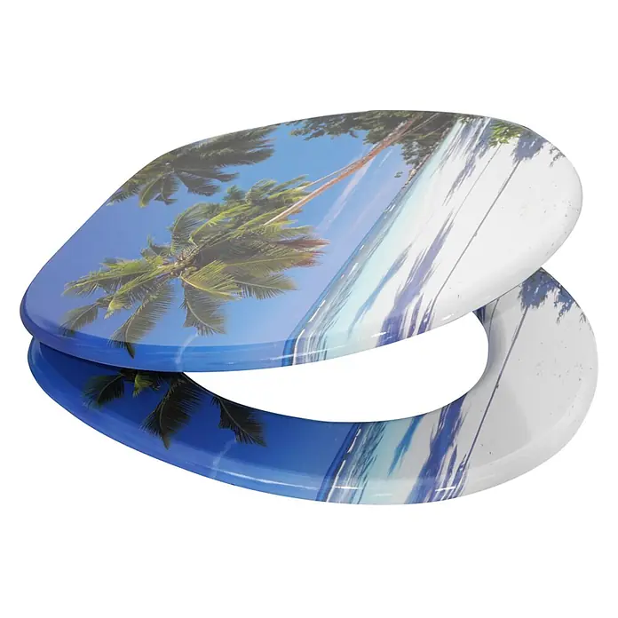 SANILO WC-Sitz Karibik - MDF, Blau, Ohne Absenkautomatik - Toilettensitz mit Strand- und Palmenmotiv, blauer Himmel und weißer Sand.