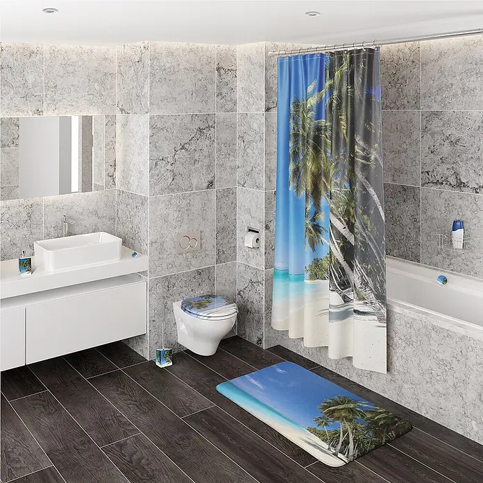 SANILO WC-Sitz Karibik - MDF, Blau, Ohne Absenkautomatik - Strand-Badezimmer-Set in einem modernen Bad, mit Duschvorhang, Toilettendeckel, Badematte und Accessoires.