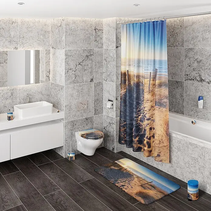 SANILO Kosmetikeimer Düne - 3 l, Metall, Beige|Blau|Sandfarben - Badezimmer-Set mit Strandszene (Dünen, Meer, Sonnenuntergang) auf Duschvorhang, Badematte und passenden Accessoires.