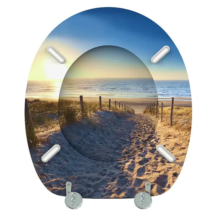 SANILO WC-Sitz Düne - MDF, Braun, Ohne Absenkautomatik - Toilettensitz mit Strand- und Sonnenuntergangsdesign, inkl. Scharniere und weiße Puffer.
